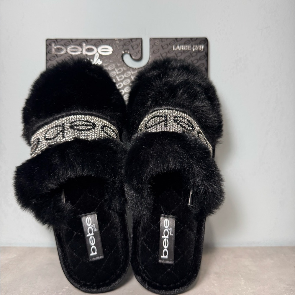 NWT Bebe Girl’s Black Fur Slippers Size 2/3